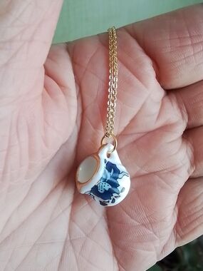 Gold Chain Necklace with Blue Floral Porcelain Pendant